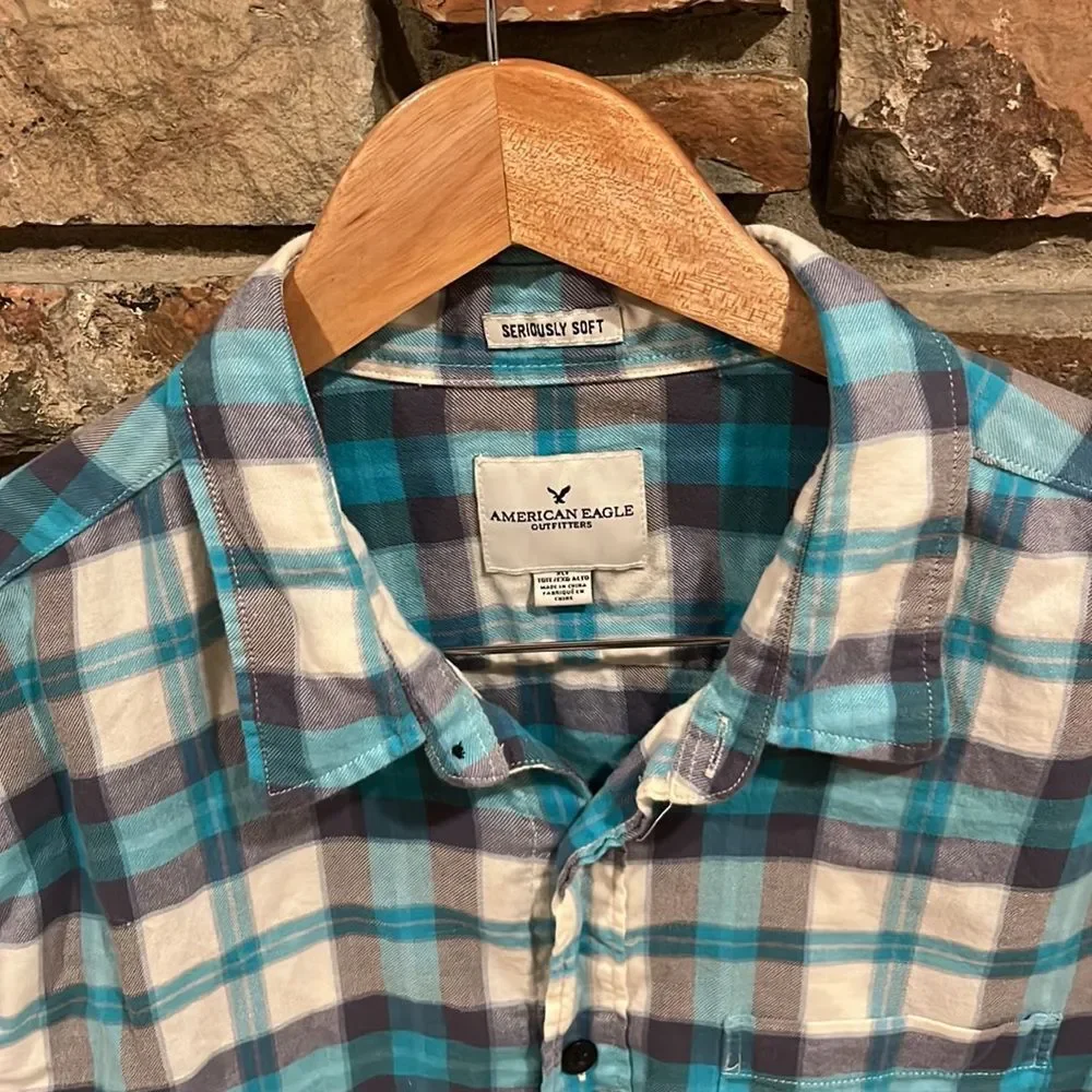 American Eagle Outfitters Seriously Soft Blue and Grey Plaid Cotton Flannel